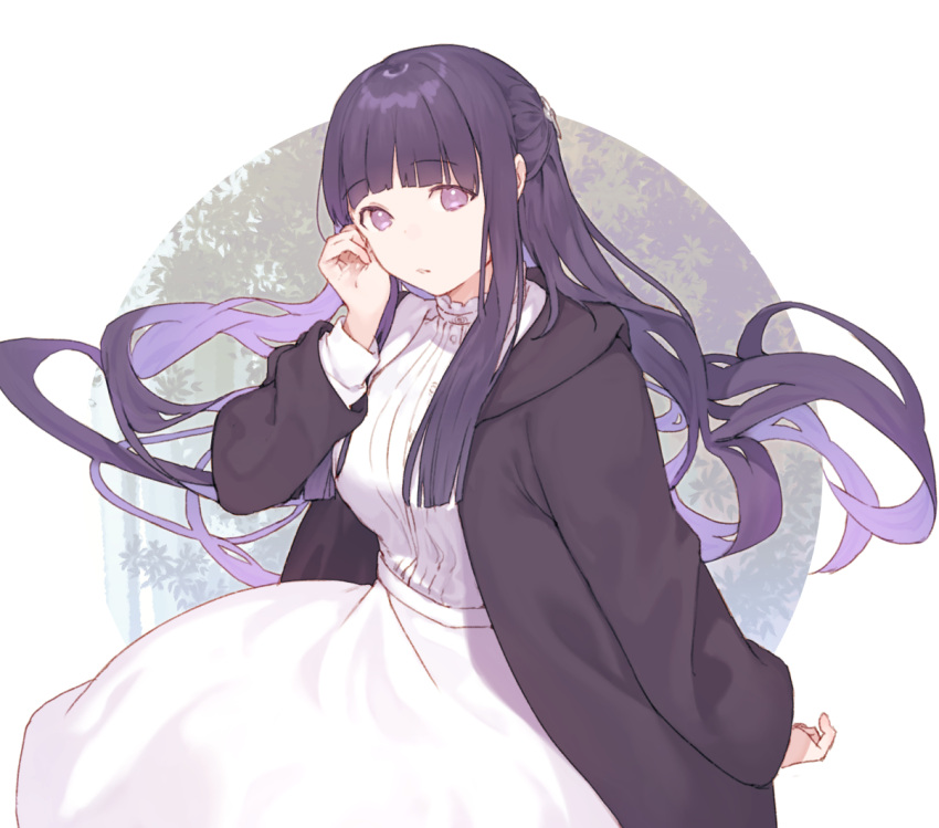 1girl black_coat coat dress fern_(sousou_no_frieren) fifuth hand_on_own_cheek hand_on_own_face long_hair looking_at_viewer parted_lips purple_hair solo sousou_no_frieren straight_hair violet_eyes white_dress