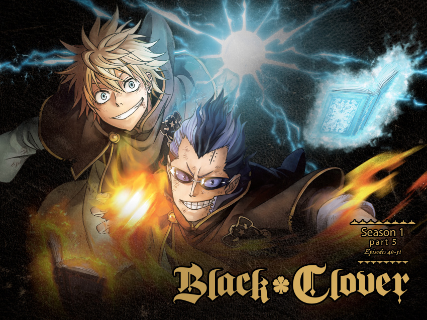 2boys black_clover blonde_hair blue_aura book bruise cover crazy_eyes crazy_smile dvd_cover electricity electrokinesis fiery_aura fire floating floating_book floating_object grimoire grin highres incoming_attack injury luck_voltia magna_swing male_focus multiple_boys official_art pyrokinesis short_hair smile spiky_hair stitches sunglasses tabata_yuuki upper_body