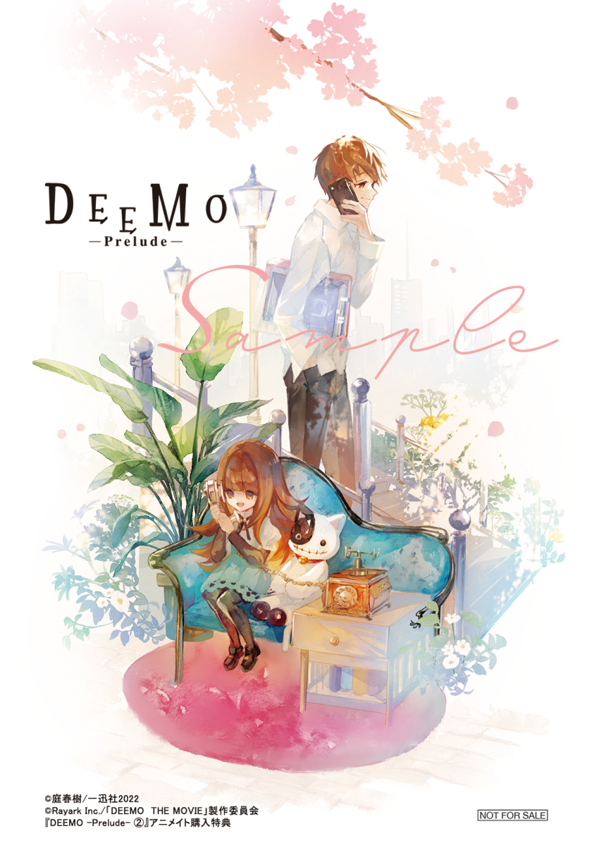 1boy 1girl black_pants black_pantyhose blunt_bangs brother_and_sister brown_hair cellphone chair closed_mouth collared_shirt copyright_name deemo dress girl_(deemo) hand_in_pocket hans_(deemo) highres holding holding_phone long_sleeves niwa_haruki official_art pants pantyhose phone plant potted_plant sample_watermark shirt short_hair siblings sidelocks simple_background sitting smartphone smile stuffed_animal stuffed_cat stuffed_toy white_background white_dress white_shirt