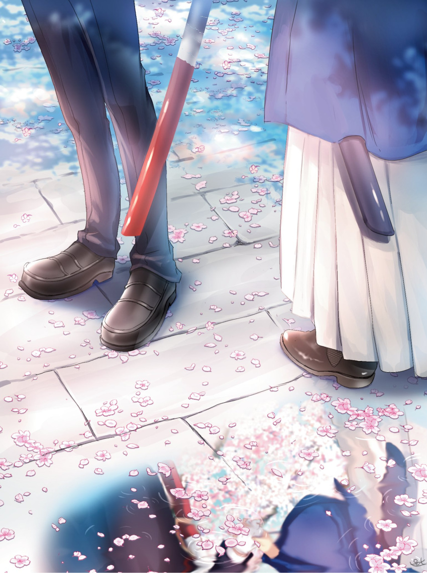 2boys black_footwear black_pants brown_footwear cherry_blossoms commentary dappled_sunlight fate/grand_order fate_(series) flower hakama highres holding_hands japanese_clothes loafers lower_body male_focus multiple_boys okada_izou_(fate) out_of_frame pants petals pink_flower pirohi_(pirohi214) puddle reflection reflective_water ripples sakamoto_ryouma_(fate) sett sheath shoes standing sunlight symbol-only_commentary white_hakama