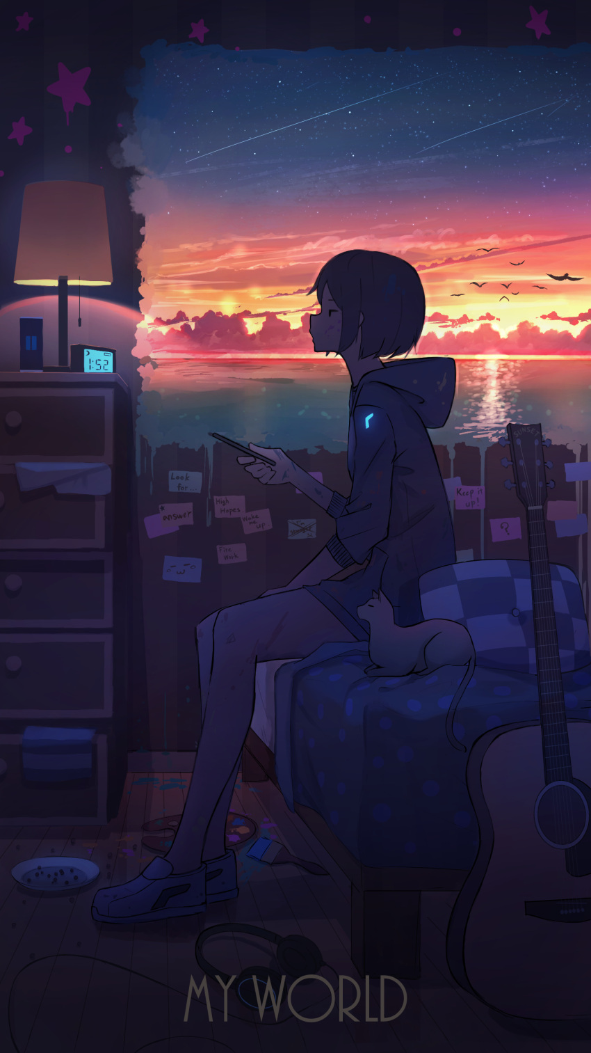 1girl absurdres alarm_clock bare_legs blue_hoodie cat cellphone clock clouds commentary contrail cushion dirty double_exposure english_text flock glowing guitar highres holding holding_phone hood hoodie indoors instrument lamp lampshade original paintbrush pasoputi phone puffy_sleeves scenery sitting sky smartphone solo star_(sky) starry_sky sunset variant_set