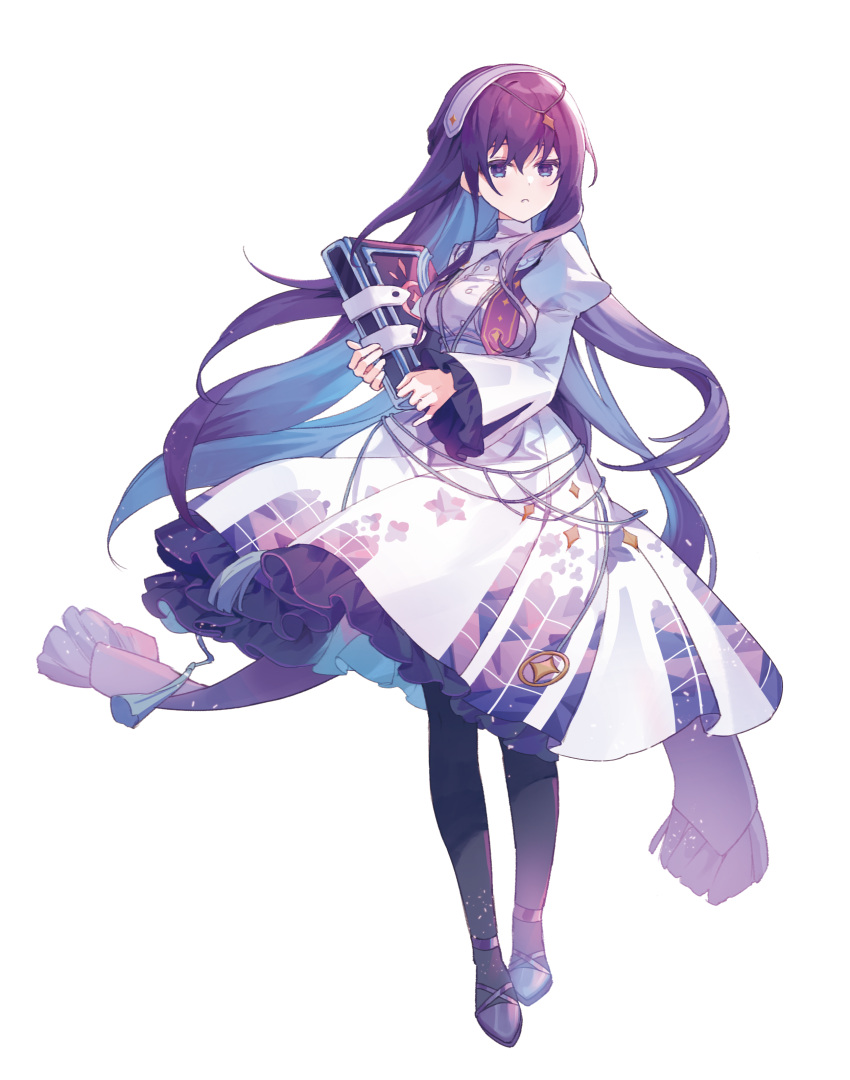 1girl absurdres asahina_mafuyu book dress frilled_dress frilled_sleeves frills full_body hairband highres holding holding_book juliet_sleeves long_hair long_sleeves pantyhose project_sekai puffy_sleeves purple_footwear purple_hair purple_pantyhose sha_(nz2) shoes simple_background solo stained_glass_print standing very_long_hair violet_eyes white_background white_hairband wide_sleeves