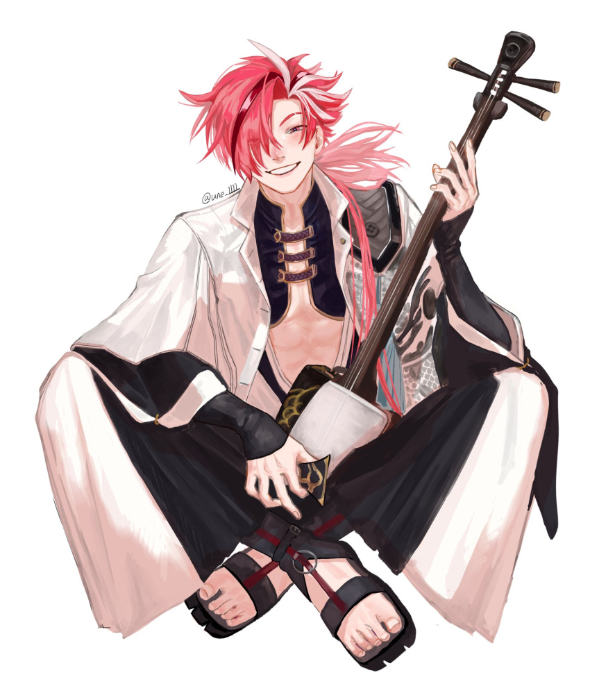 1boy black_hair dragon_print eyebrow_cut fate/grand_order fate_(series) full_body hair_over_one_eye highres holding holding_instrument indian_style instrument jacket long_hair looking_at_viewer male_focus multicolored_hair nagatekkou pectoral_cleavage pectorals red_eyes redhead shamisen simple_background sitting smile solo streaked_hair takasugi_shinsaku_(fate) une_1111 white_background white_hair white_jacket