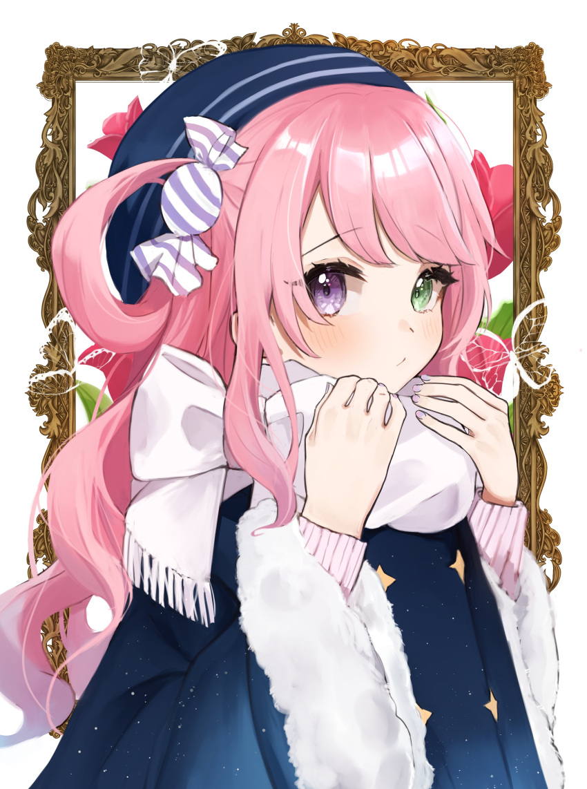 1girl absurdres alternate_costume blue_headwear blush candy_hair_ornament closed_mouth coat commentary_request food-themed_hair_ornament fur-trimmed_coat fur_trim green_eyes hair_ornament hair_rings heterochromia highres himemori_luna hololive long_hair long_sleeves looking_at_viewer mashiro_io picture_frame pink_hair scarf solo upper_body violet_eyes virtual_youtuber white_background white_scarf