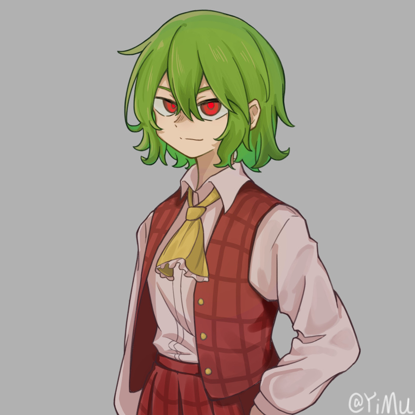 1girl absurdres ascot closed_mouth collared_shirt commentary_request green_hair hair_between_eyes highres kazami_yuuka long_sleeves looking_at_viewer plaid plaid_skirt plaid_vest red_eyes red_vest shirt short_hair skirt solo touhou twitter_username upper_body vest white_shirt yellow_ascot yimudesu