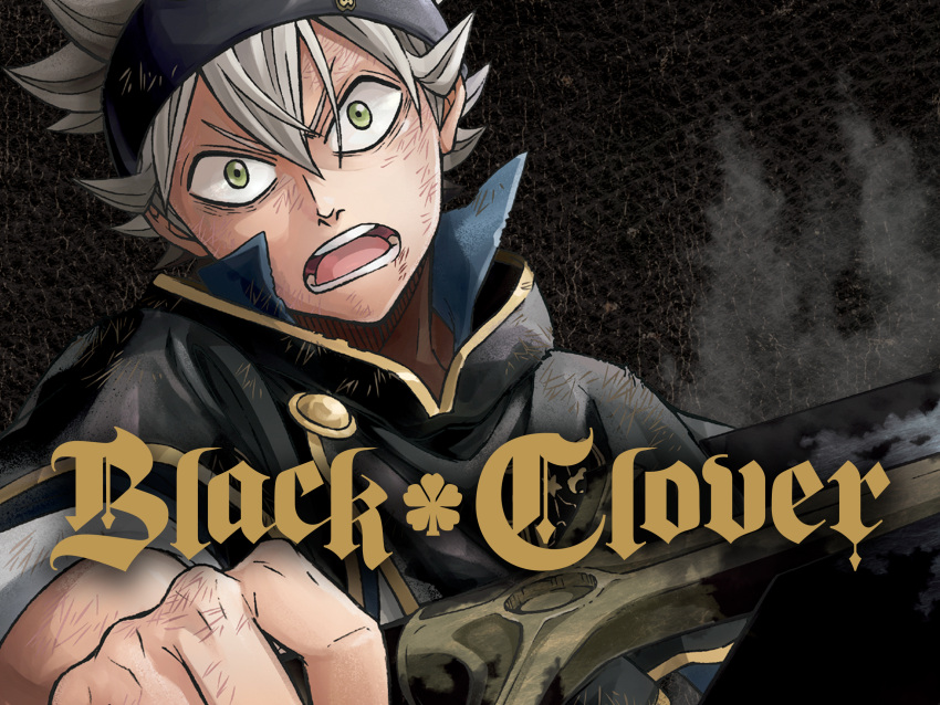 1boy asta_(black_clover) black_bulls_(emblem) black_capelet black_clover black_headband bruise capelet cover dvd_cover green_eyes headband highres holding holding_sword holding_weapon injury long_bangs looking_at_viewer male_focus official_art serious short_hair solo spiky_hair sword tabata_yuuki upper_body weapon