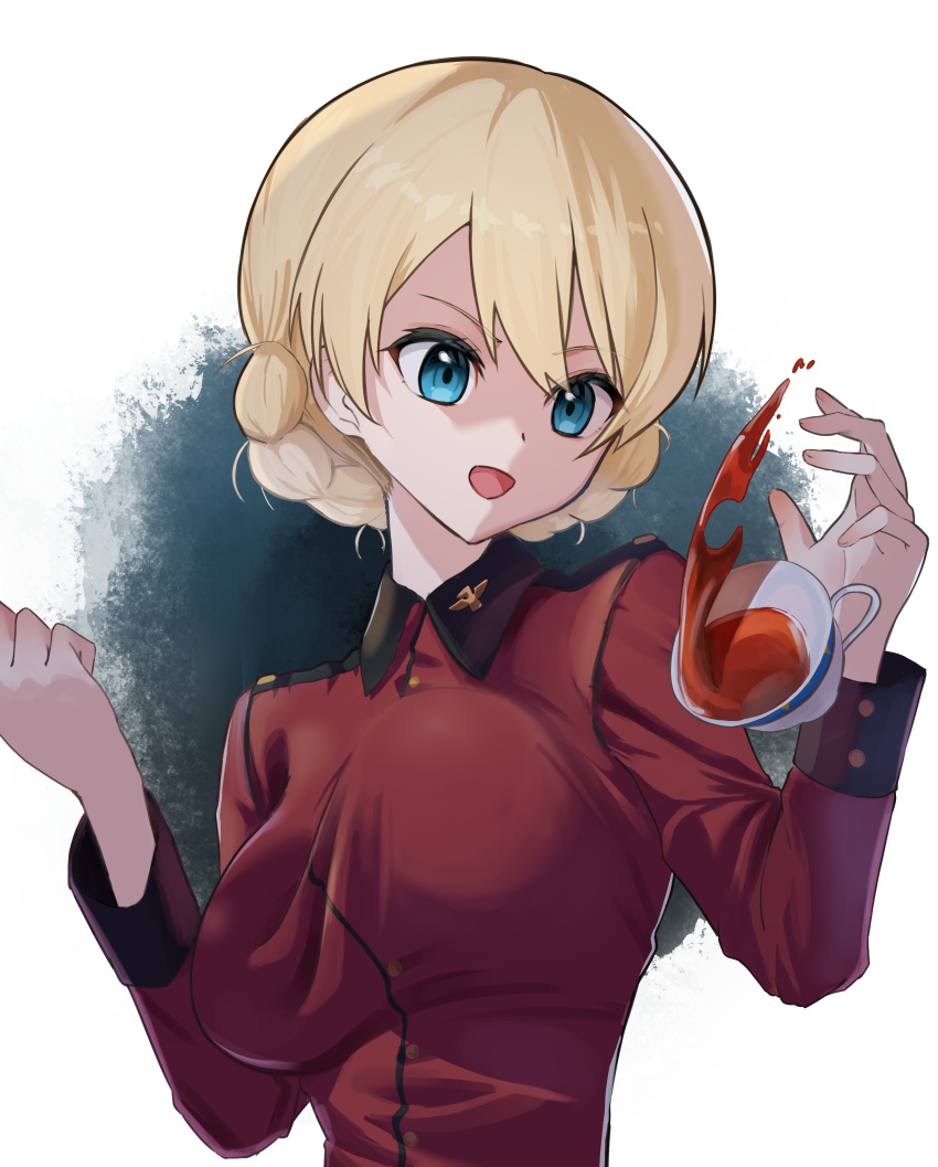 1girl absurdres black_tea blonde_hair blue_eyes bouncing_breasts braid breasts clenched_hand commentary cup darjeeling_(girls_und_panzer) girls_und_panzer highres jacket lazurite_(user_8870367) long_sleeves looking_to_the_side military_uniform open_mouth red_jacket short_hair smile solo spilling st._gloriana's_military_uniform tea teacup twin_braids uniform