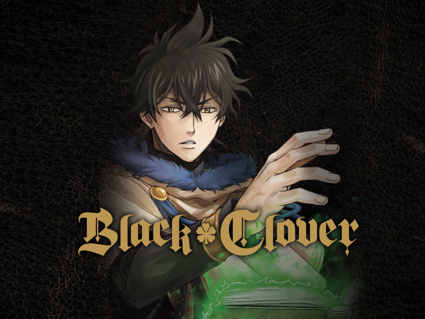 1boy black_clover black_hair book capelet expressionless floating floating_book floating_object fur_trim grimoire hand_up highres long_bangs looking_at_viewer male_focus official_art parted_lips short_hair solo tabata_yuuki upper_body yellow_capelet yellow_eyes yuno_(black_clover)