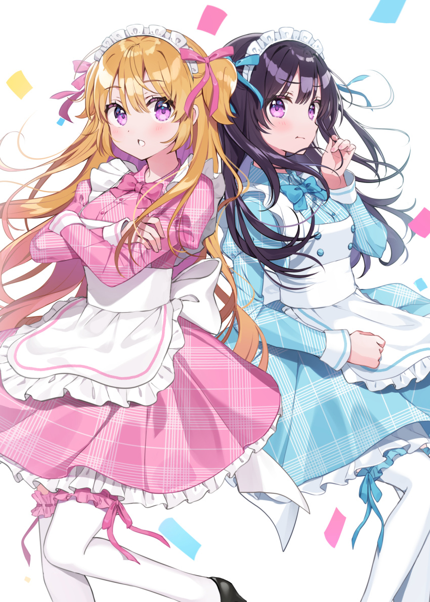 2girls :t absurdres aizawa_hikari aizawa_hinata apron back_bow blue_bow blue_bowtie blue_dress blush bow bowtie crossed_arms dot_nose dress feet_out_of_frame frilled_apron frills hair_between_eyes highres hinata_to_hikari knees_up long_hair looking_at_viewer maid maid_headdress multiple_girls official_art open_mouth orange_hair petticoat plaid plaid_dress pout purple_hair raised_eyebrows sidelocks simple_background teeth thigh-highs two_side_up violet_eyes waist_apron white_apron white_background white_bow white_thighhighs yushima