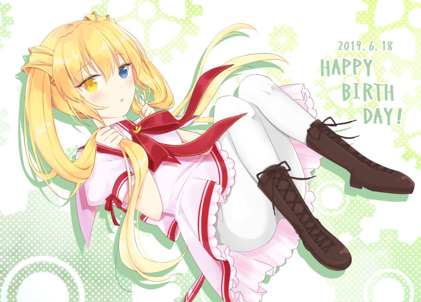1girl 2019 blonde_hair blue_eyes blush boots brown_footwear clenched_hands commentary_request dated dress dutch_angle eyelashes eyes_visible_through_hair frilled_dress frills full_body gear_print green_background hair_between_eyes hands_up happy_birthday heterochromia highres holding holding_hair kazamatsuri_institute_high_school_uniform knees_together_feet_apart knees_up long_hair looking_at_viewer lying nakatsu_shizuru on_back pantyhose parted_lips pink_dress puffy_short_sleeves puffy_sleeves red_ribbon rewrite ribbon ribbon-trimmed_sleeves ribbon_trim school_uniform short_sleeves simple_background solo straight_hair twintails upturned_eyes very_long_hair white_pantyhose yellow_eyes yutori_z71