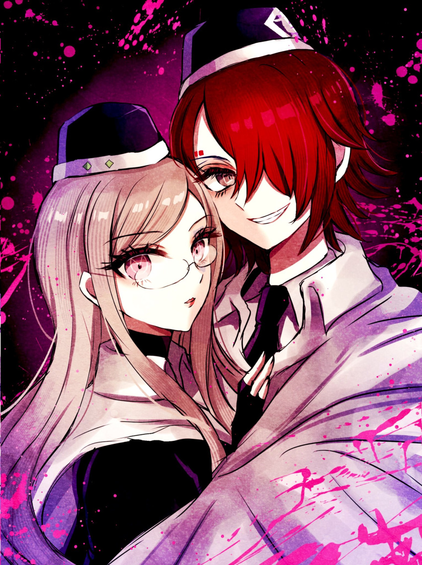 1boy 1girl black_headwear black_jacket black_necktie blonde_hair blood blood_splatter brown_eyes cape collared_shirt commentary_request glasses grin hair_over_one_eye hand_on_another's_chest hat highres jacket koya_(0okoya) long_hair looking_at_viewer martina_electro master_detective_archives:_rain_code military_hat necktie open_mouth parted_lips pink_blood pink_eyes redhead shirt short_hair smile symbol_in_eye upper_body white_cape white_shirt yomi_hellsmile