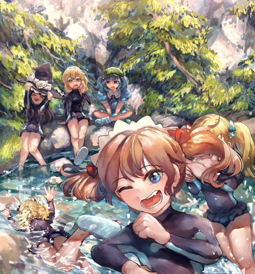 absurdres black_hair black_one-piece_swimsuit blonde_hair blue_eyes blue_footwear blue_hair blue_shirt blue_skirt boots bow braid brown_hair clownpiece day fairy_wings flat_cap green_headwear hair_bobbles hair_bow hair_ornament hat hat_bow highres kawashiro_nitori kirisame_marisa lake long_sleeves luna_child medium_hair multiple_girls nanaironokabi one-piece_swimsuit one_eye_closed outdoors puffy_short_sleeves puffy_sleeves rubber_boots shameimaru_aya shirt short_hair short_sleeves short_twintails sidelocks single_braid skirt skirt_set smile star_sapphire sunny_milk swimsuit touhou tree twintails two_side_up white_bow wings witch_hat yellow_eyes