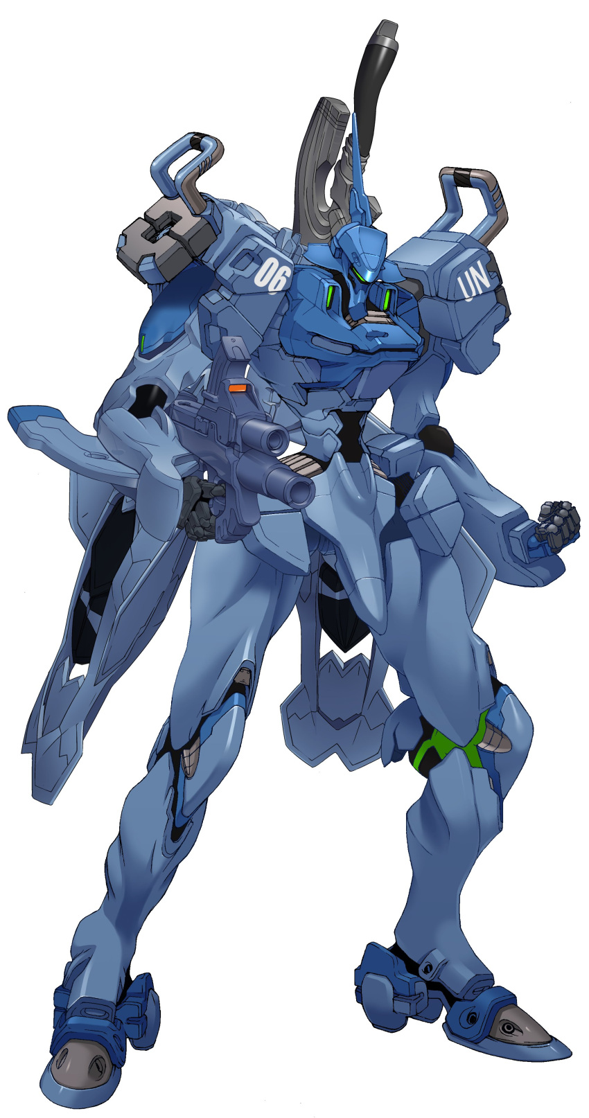 absurdres artist_request assault_visor clenched_hand full_body gun highres holding holding_gun holding_weapon looking_down mecha muvluv muvluv_alternative no_humans official_art robot science_fiction solo tactical_surface_fighter type_97_fubuki weapon