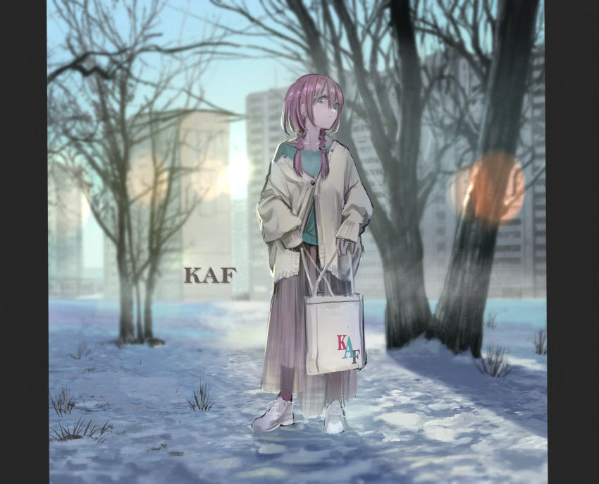 1girl alternate_costume apartment aqua_shirt bag bare_tree blue_eyes braid building buttons cardigan character_name closed_mouth expressionless full_body highres holding holding_bag kaf_(kamitsubaki_studio) kamitsubaki_studio lens_flare letterboxed long_hair long_skirt long_sleeves looking_at_viewer low_twin_braids off_shoulder outdoors partially_unbuttoned pink_hair pink_skirt red_socks see-through see-through_skirt shirt shoes skirt sleeves_past_wrists sneakers snow socks solo standing straight-on sun sun_1200 tree turning_head twin_braids virtual_youtuber white_cardigan white_footwear yellow_pupils