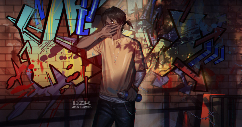 1boy arknights artist_name chain danzir dark-skinned_male dark_skin dated earrings glint graffiti hand_up highres jewelry male_focus necklace outdoors shadow shirt solo spray_can standing t-shirt thorns_(arknights) white_shirt wristband yellow_eyes yellow_shirt