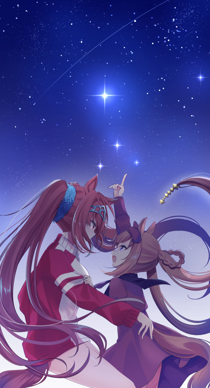 2girls animal_ears arm_up blue_scrunchie braid brown_dress brown_hair commentary_request daiwa_scarlet_(umamusume) dress eye_contact floating_hair from_side grabbing_another's_arm hair_intakes hair_ornament hair_rings hair_scrunchie highres horse_ears horse_girl horse_tail index_finger_raised long_hair long_sleeves looking_at_another multiple_girls night open_mouth pointing pointing_up ponytail red_eyes red_sweater scrunchie shooting_star sky star_(sky) starry_sky sweater sweep_tosho_(umamusume) tail twintails umamusume very_long_hair violet_eyes yutori_z71