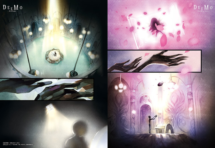 1girl 1other ceiling_light deemo deemo_(character) falling falling_petals girl_(deemo) indoors long_hair multiple_views niwa_haruki official_art open_hands outstretched_arms painting_(medium) petals silhouette spotlight traditional_media very_wide_shot watercolor_(medium)