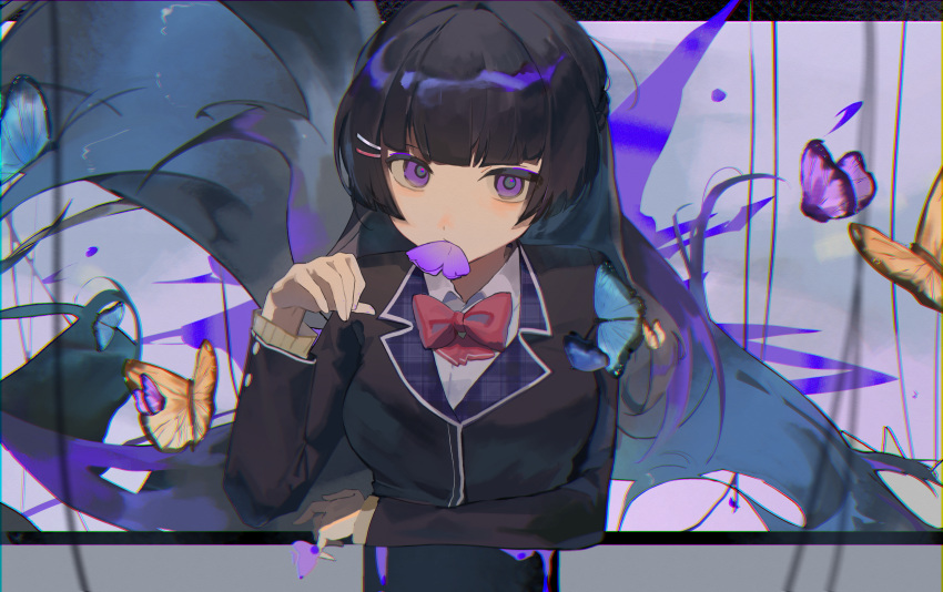 1000-nen_ikiteru_(vocaloid) absurdres alternate_eye_color animal_in_mouth black_hair black_jacket blazer blunt_bangs bow bowtie bug butterfly chinese_commentary collared_shirt commentary_request eating expressionless hair_ornament hairclip hand_up highres hime_cut jacket long_hair long_sleeves looking_at_viewer monitor nijisanji red_bow red_bowtie school_uniform shirt straight-on through_screen tsukino_mito tsukino_mito_(1st_costume) upper_body very_long_hair violet_eyes virtual_youtuber white_shirt xi_wu