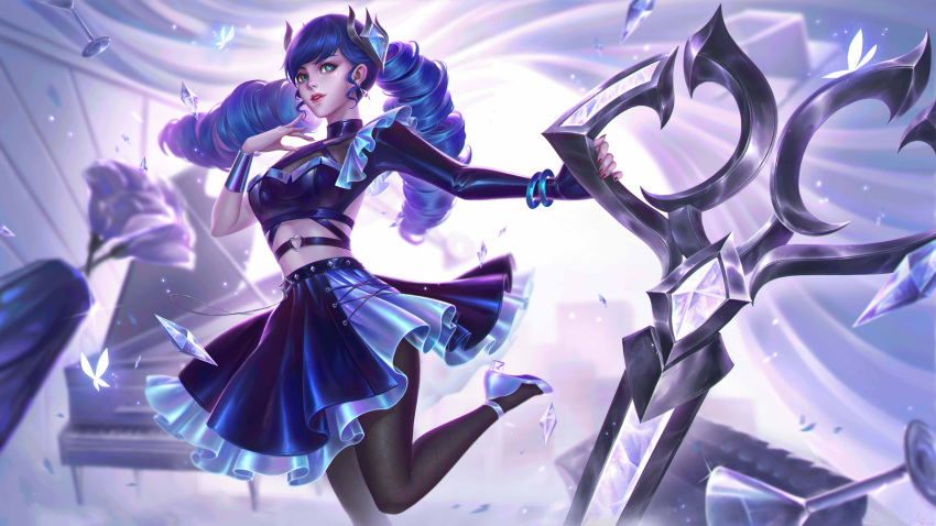 1girl absurdres amekoi belt black_belt black_pantyhose black_skirt breasts crop_top drill_hair flower foot_up glass green_eyes gwen_(league_of_legends) hair_ornament hand_up heart_o-ring high_heels highres holding holding_scissors instrument k/da_(league_of_legends) large_breasts league_of_legends multicolored_clothes multicolored_skirt oversized_object pantyhose piano scissors skirt smile solo teeth twin_drills twintails white_flower white_footwear white_skirt