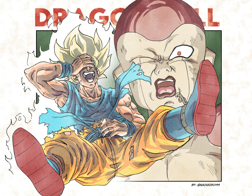 1boy arm_up armpits aura bare_arms blonde_hair boots border collarbone copyright_name covering_own_eyes dragon_ball dragon_ball_z english_commentary floating frieza hand_on_own_face highres injury laughing long_hair male_focus muscular muscular_male nachairo one_eye_closed one_piece open_mouth outside_border pants parody scene_reference shirt sleeveless sleeveless_shirt smile son_goku super_saiyan torn_clothes torn_pants twitter_username white_border wristband