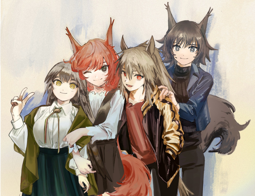 4girls ;) alternate_costume animal_ears arknights ashlock_(arknights) black_dress black_pants black_shirt blue_jacket bright_pupils brown_eyes brown_hair collared_shirt dress fartooth_(arknights) flametail_(arknights) green_shawl green_shirt grey_eyes hand_on_another's_shoulder hands_in_pockets hawai-tari high-waist_skirt highres jacket lapels long_hair looking_at_viewer multiple_girls one_eye_closed open_clothes open_jacket orange_eyes orange_shirt oripathy_lesion_(arknights) pants pinafore_dress redhead ribbed_shirt shirt shirt_tucked_in short_hair simple_background skirt sleeveless sleeveless_dress smile squirrel_ears squirrel_girl squirrel_tail tail v white_pupils white_shirt wild_mane_(arknights) yellow_eyes