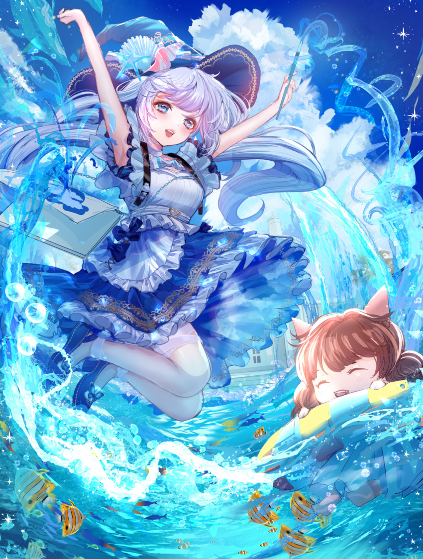 2girls :d arm_up blue_eyes blue_skirt blue_sky blush brown_hair chibi closed_eyes clouds day dot_nose feet_up fish frilled_shirt frilled_skirt frills from_side full_body hat highres holding holding_wand innertube jumping komorihikki legs_together looking_at_viewer multiple_girls open_mouth original outdoors partially_submerged shirt skirt sky smile swept_bangs teeth upper_teeth_only wand water white_shirt witch_hat