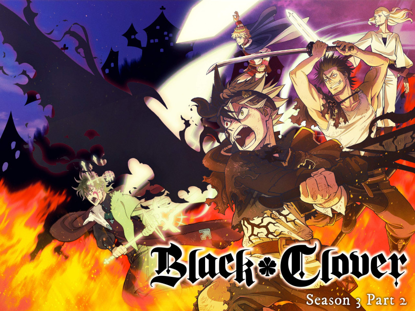 5boys arms_up asta_(black_clover) black_capelet black_clover black_headband blue_cloak cape capelet cloak corruption demon_boy demon_horns demon_wings elf facial_mark fairy_wings fighting_stance fire flying glowing glowing_crown glowing_sword glowing_weapon grin half_crown headband highres holding holding_sword holding_weapon horns katana licht_(black_clover) long_hair looking_ahead lumiere_silvamillion_clover male_focus midair multiple_boys muscular muscular_male official_art pants pectorals photokinesis pointy_ears promotional_art red_cape royal_robe serious short_hair sidepec single_horn single_wing smile sword tank_top torn_clothes torn_pants two-handed_sword weapon white_tank_top wings yami_sukehiro yuno_(black_clover)
