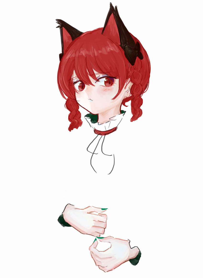 1girl :/ absurdres animal_ears artist_request black_bow bow braid cat_ears closed_mouth extra_ears green_nails hair_between_eyes hair_bow highres invisible_torso kaenbyou_rin light_blush looking_to_the_side nail_polish red_eyes redhead short_hair simple_background slit_pupils solo touhou twin_braids upper_body white_background