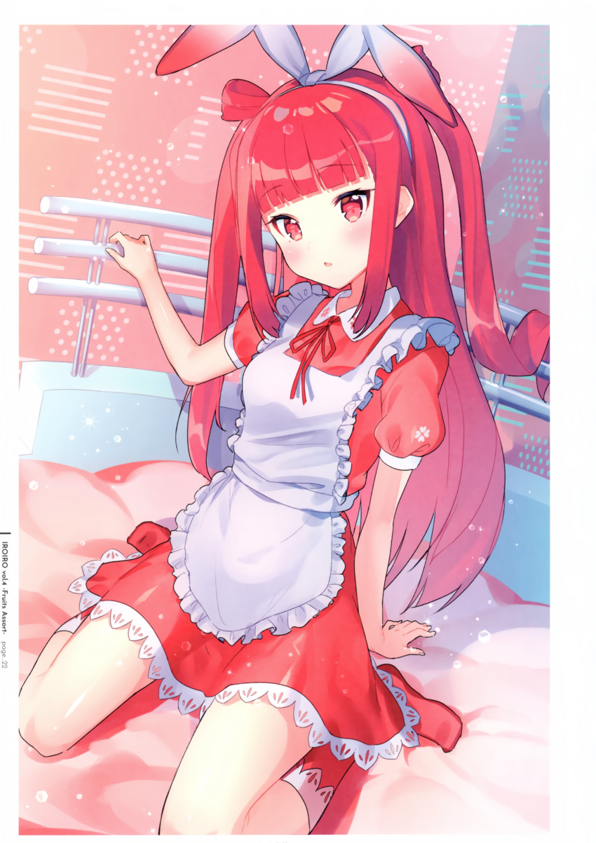 1girl beatmania bed bedsheet red_dress red_eyes red_hair twintails two_side_up umegiri_ameto