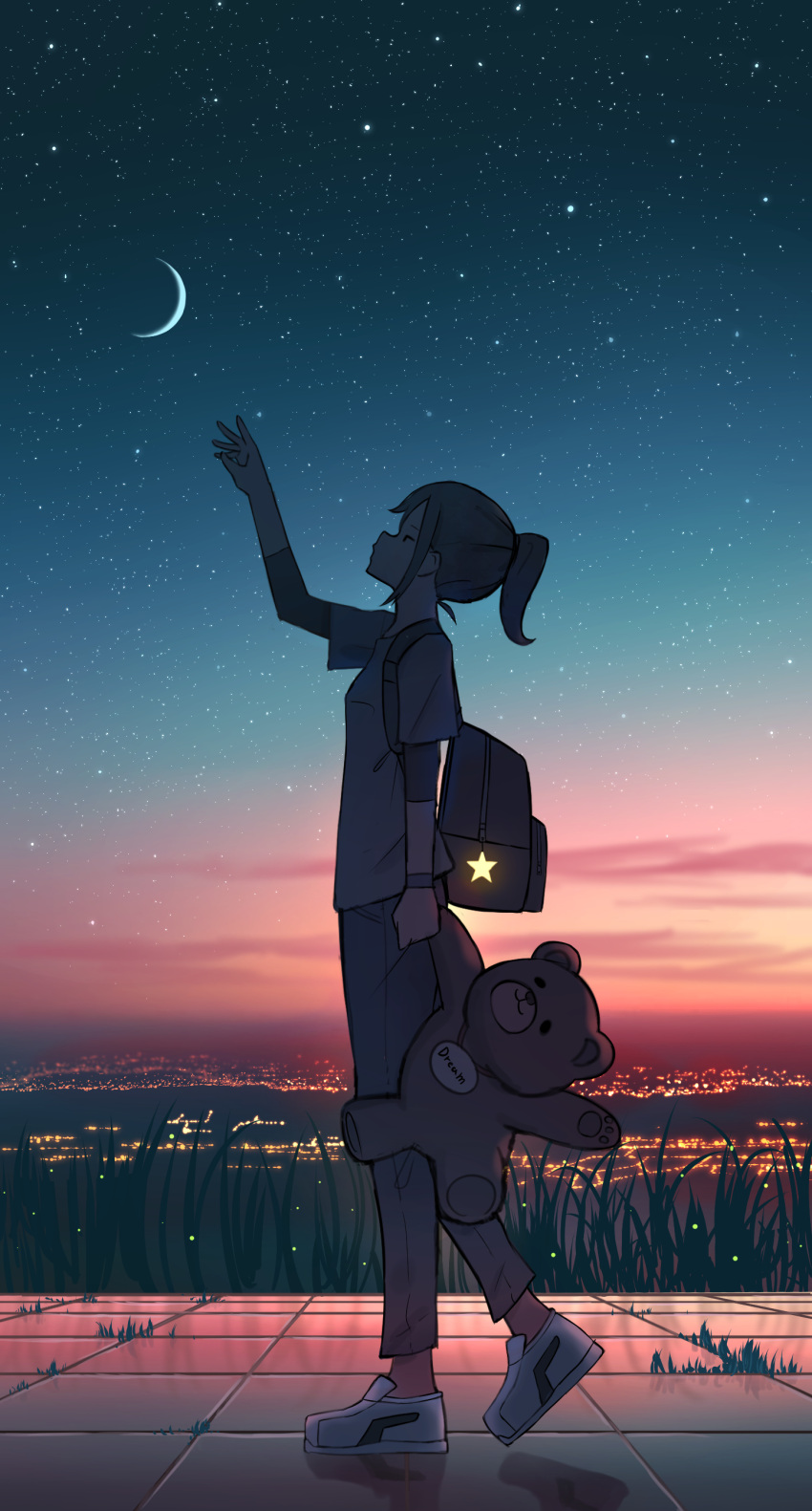 1girl absurdres arm_up backpack bag brown_hair city_lights clouds commentary_request crescent_moon from_side full_body glowing grass highres horizon looking_up moon night night_sky original pants pasoputi ponytail profile reflective_floor scenery shirt_under_shirt short_hair short_sleeves sidelocks sky solo standing star_(sky) starry_sky stuffed_animal stuffed_toy teddy_bear twilight white_footwear