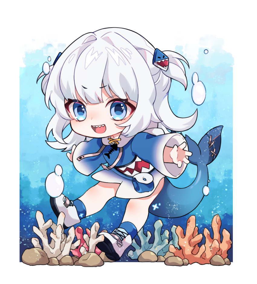 1girl :d animal_hood blue_eyes blue_hoodie blue_socks chibi commentary_request coral drawstring fins fish_tail full_body gawr_gura gawr_gura_(1st_costume) hair_ornament highres hololive hololive_english hood hood_down hoodie long_sleeves looking_at_viewer outstretched_arms shark_girl shark_hair_ornament shark_hood shark_tail sharp_teeth shoes smile socks solo spread_arms tail teeth two_side_up underwater usagi_(cecilia) virtual_youtuber water white_footwear white_hair wide_sleeves