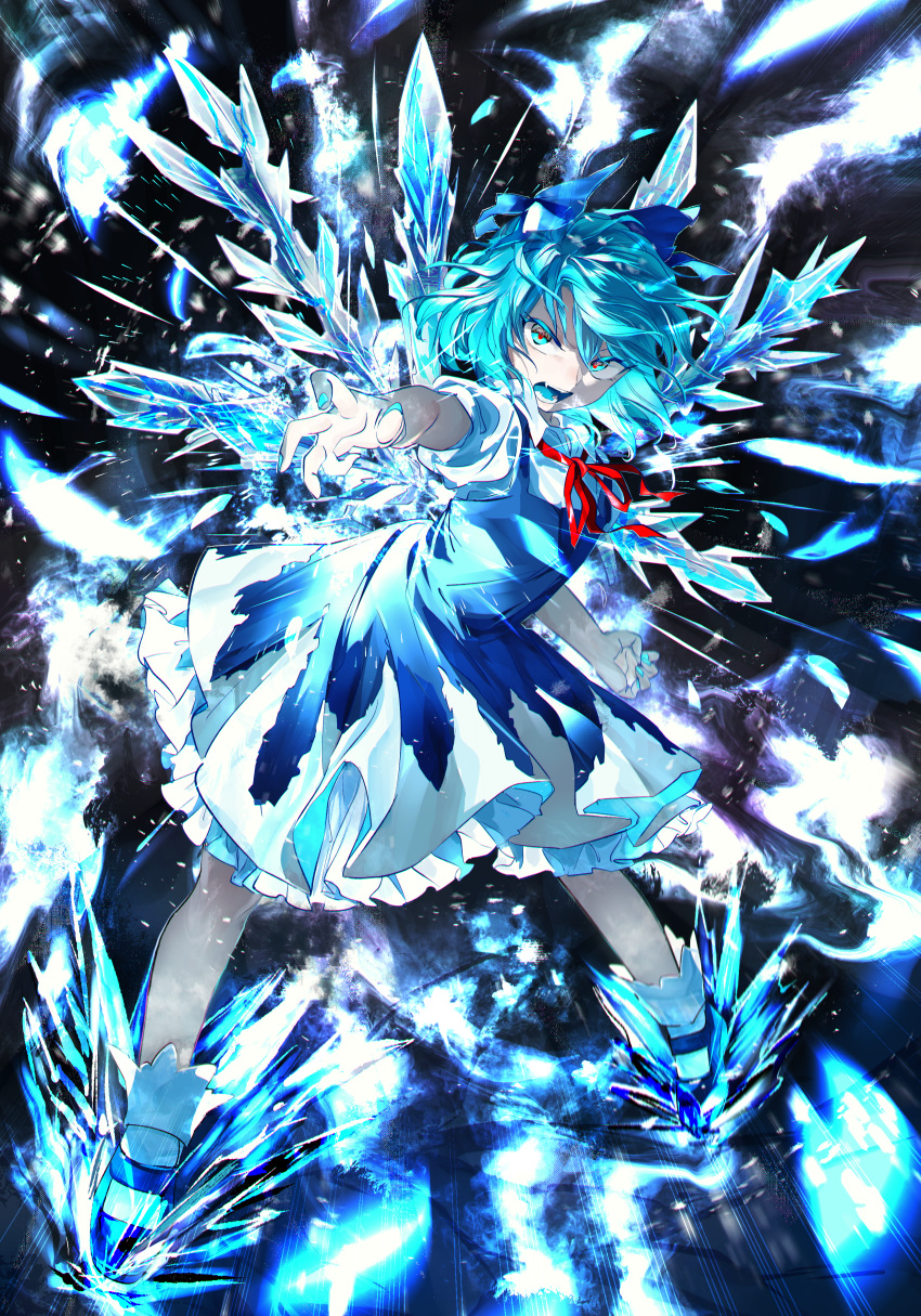 1girl absurdres blue_bow blue_dress blue_eyes blue_footwear blue_hair blue_nails bow chamaruk cirno collared_shirt cryokinesis dress fairy fingernails full_body hair_bow highres ice ice_wings nail_polish open_mouth pinafore_dress shirt short_hair short_sleeves sleeveless sleeveless_dress socks solo touhou white_shirt white_socks wings
