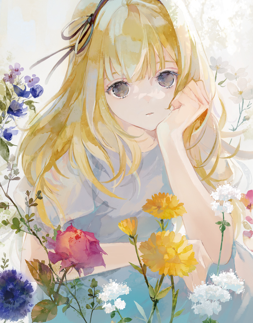 1girl arm_at_side arm_support black_eyes black_ribbon blonde_hair blue_flower commentary dress flower hair_ribbon highres long_bangs looking_at_viewer medium_hair niwa_haruki no_pupils original parted_lips red_flower ribbon rose short_sleeves sidelocks solid_circle_pupils solo symbol-only_commentary upper_body white_dress yellow_flower