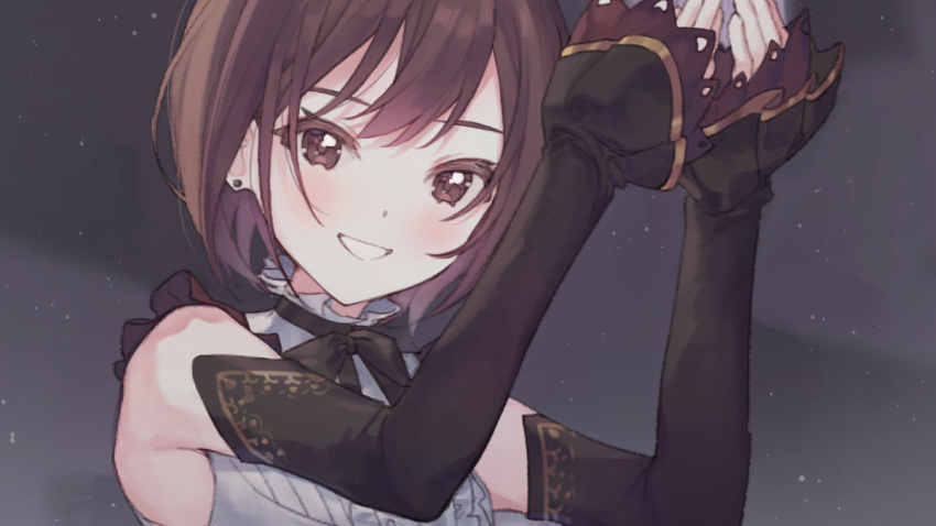 1girl arms_up bare_shoulders black_bow black_bowtie black_sleeves blush bow bowtie brown_eyes brown_hair center_frills detached_sleeves ear_piercing frills gold_trim grin lace-trimmed_sleeves lace_trim looking_at_viewer piercing project_sekai sha_(nz2) shinonome_ena shirt smile solo toraware_no_marionette_(project_sekai) upper_body white_shirt