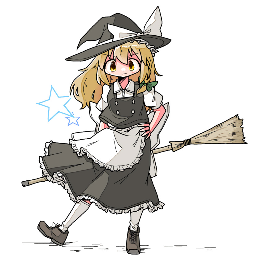 1girl apron arm_behind_back black_skirt black_vest blonde_hair breasts broom commentary_request dot_nose full_body hair_between_eyes hand_on_own_hip hat holding holding_broom kasuya_baian kirisame_marisa leaning_to_the_side light_smile long_hair looking_at_viewer puffy_short_sleeves puffy_sleeves short_sleeves simple_background skirt skirt_set small_breasts smirk solo standing star_(symbol) touhou v-shaped_eyebrows very_long_hair vest waist_apron white_background wing_collar witch_hat yellow_eyes