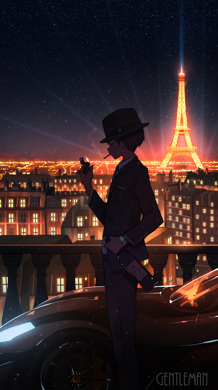 1boy absurdres black_headwear black_jacket black_pants blazer bottle car cigarette city_lights cityscape collared_shirt eiffel_tower english_text feet_out_of_frame france hat highres holding holding_bottle horizon house jacket light_particles lighter long_sleeves male_focus motor_vehicle night night_sky original pants pasoputi railing scenery shirt sky solo standing star_(sky) starry_sky suit watch watch white_shirt