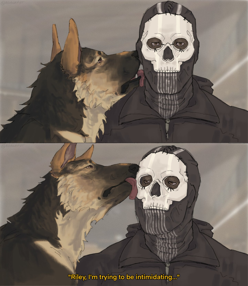 1boy animal black_jacket blurry blurry_background call_of_duty call_of_duty:_modern_warfare_2 dog english_text ghost_(modern_warfare_2) highres hood hood_down hooded_jacket jacket licking licking_another's_face male_focus mask roachp0t simple_background skull_mask tongue tongue_out