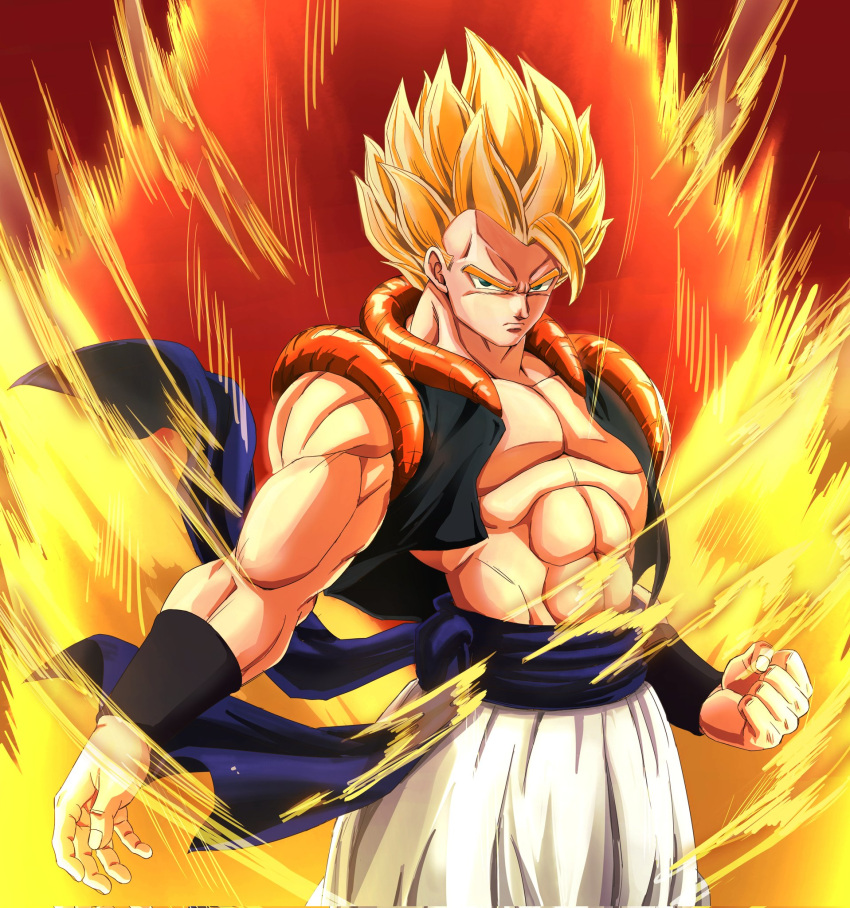 1boy abs aura baggy_pants blonde_hair clenched_hand commentary_request dragon_ball dragon_ball_z frown furrowed_brow gogeta green_eyes highres ishimoto_shun'ichi male_focus metamoran_vest muscular muscular_male pants serious solo super_saiyan super_saiyan_1 wristband