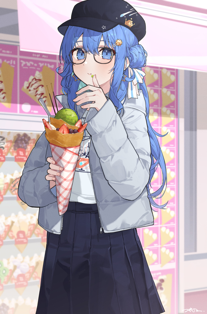 1girl absurdres alternate_costume black-framed_eyewear black_skirt blue_eyes blue_hair crepe eating food food_on_face food_wrapper fruit glasses hair_bun hair_ribbon hat highres hololive hoshimachi_suisei ice_cream_crepe jacket long_hair long_sleeves looking_at_viewer open_clothes open_jacket pleated_skirt ribbon skirt solo strawberry tsukino_(nakajimaseiki) virtual_youtuber