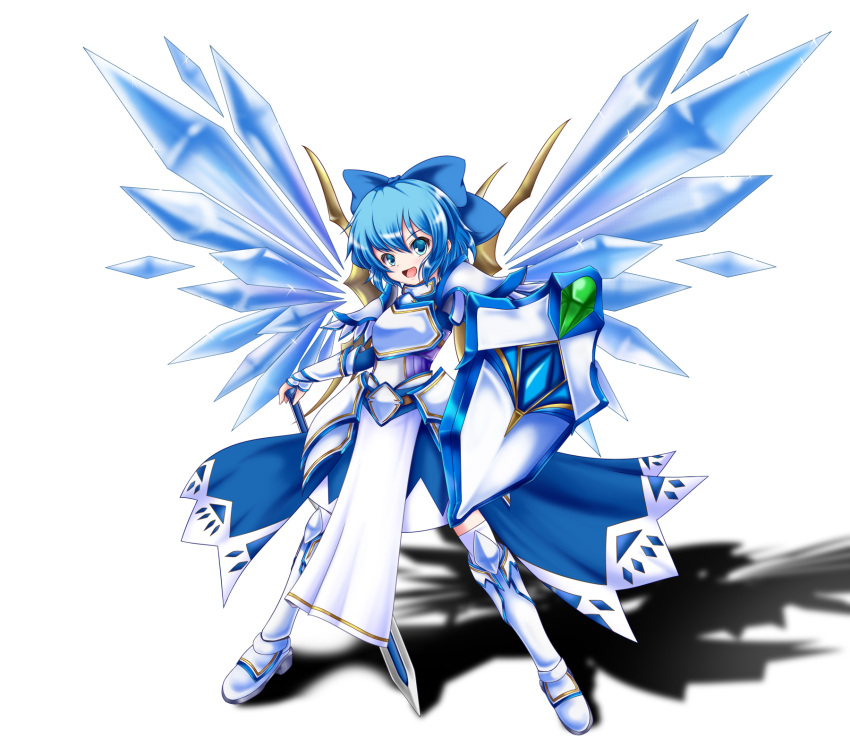 1girl :d alternate_costume armor blue_bow blue_eyes blue_hair boots bow cirno commentary_request detached_wings fantasy full_body hair_bow highres holding holding_shield holding_sword holding_weapon ice ice_wings looking_at_viewer matelia open_mouth shield short_hair simple_background smile solo sword touhou weapon white_background white_footwear wings