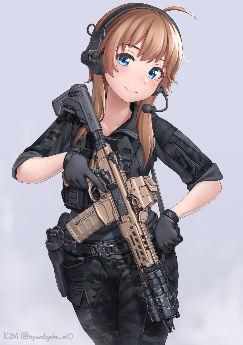 1girl assault_rifle black_gloves black_jacket black_pants blue_eyes brown_hair camouflage camouflage_pants gloves gradient_background green_pants gun headset highres jacket kzm_(sub-moa_works) long_hair looking_at_viewer optical_sight original pants rifle sig_sauer_mcx smile solo twitter_username weapon white_background woodland_camouflage