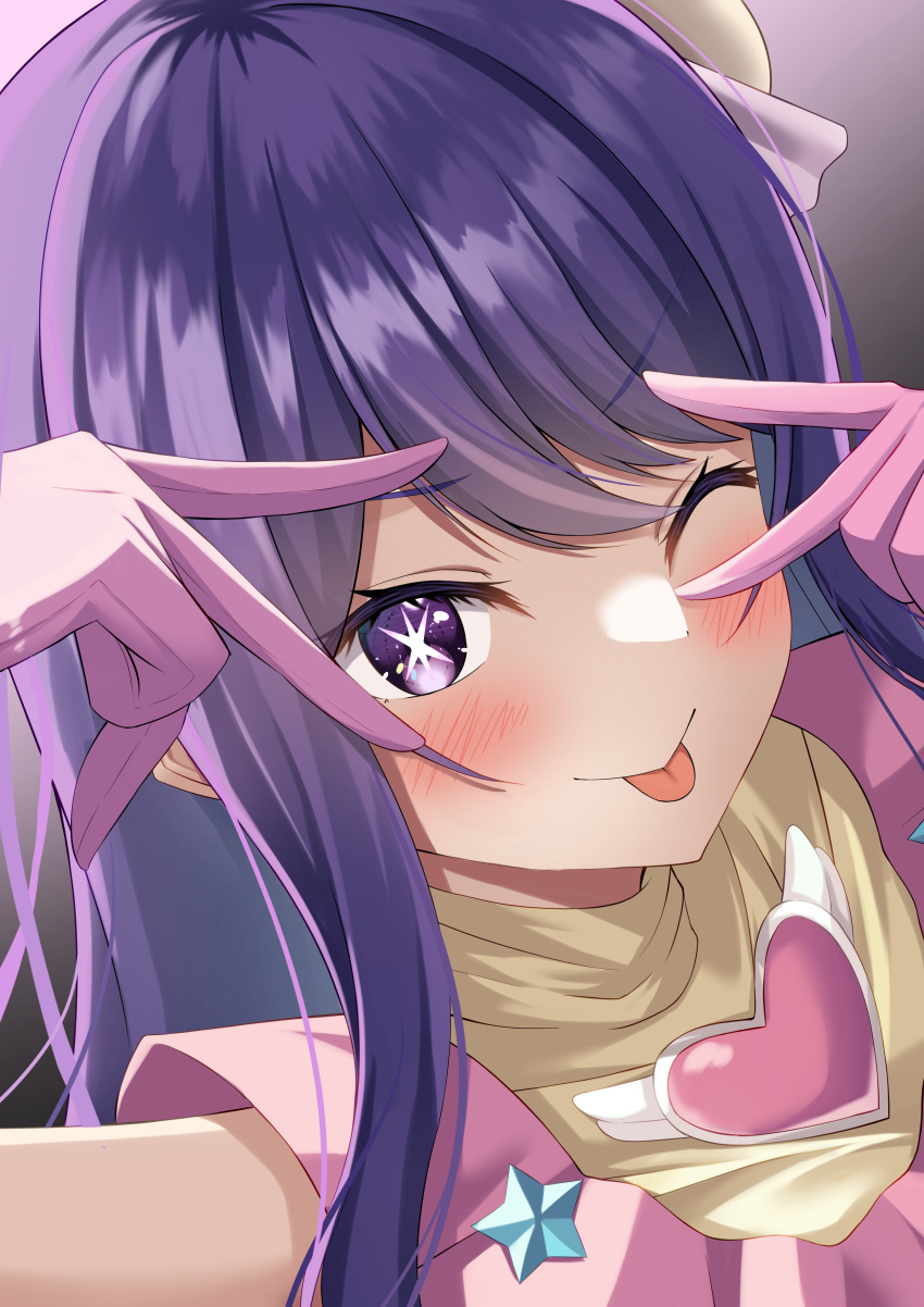1girl absurdres blush brooch closed_mouth commentary double_v dress frilled_dress frills hair_ornament heart heart_brooch highres hoshino_ai's_pose hoshino_ai_(oshi_no_ko) idol idol_clothes jewelry long_hair looking_at_viewer oshi_no_ko pink_dress purple_hair rabbit_hair_ornament sidelocks smile solo star-shaped_pupils star_(symbol) symbol-shaped_pupils tongue tongue_out turtleneck_dress tyamiy1017 upper_body v v_over_eye violet_eyes