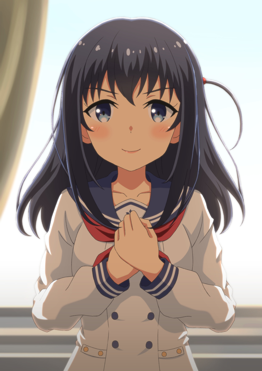1girl absurdres black_hair blue_eyes blue_sailor_collar blush breasts buttons closed_eyes collarbone day dot_nose double-breasted hair_between_eyes highres idoly_pride indoors long_hair looking_at_viewer medium_breasts nagase_mana neckerchief one_side_up own_hands_together raised_eyebrows red_neckerchief sailor_collar school_uniform serafuku shirt sidelocks smile solo straight-on upper_body white_shirt yorumiru
