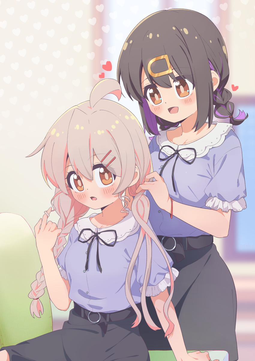2girls :d absurdres ahoge bare_arms belt black_hair black_skirt blurry blurry_background blush braid braiding_hair brown_eyes commentary depth_of_field dot_nose erde_0 eyes_visible_through_hair frills hair_between_eyes hair_ornament hair_twirling hairclip hairdressing heart highres indoors long_hair matching_outfits multiple_girls onii-chan_wa_oshimai! open_mouth oyama_mahiro oyama_mihari pink_hair purple_hair purple_shirt shirt short_sleeves siblings sisters skirt smile twin_braids tying_another's_hair