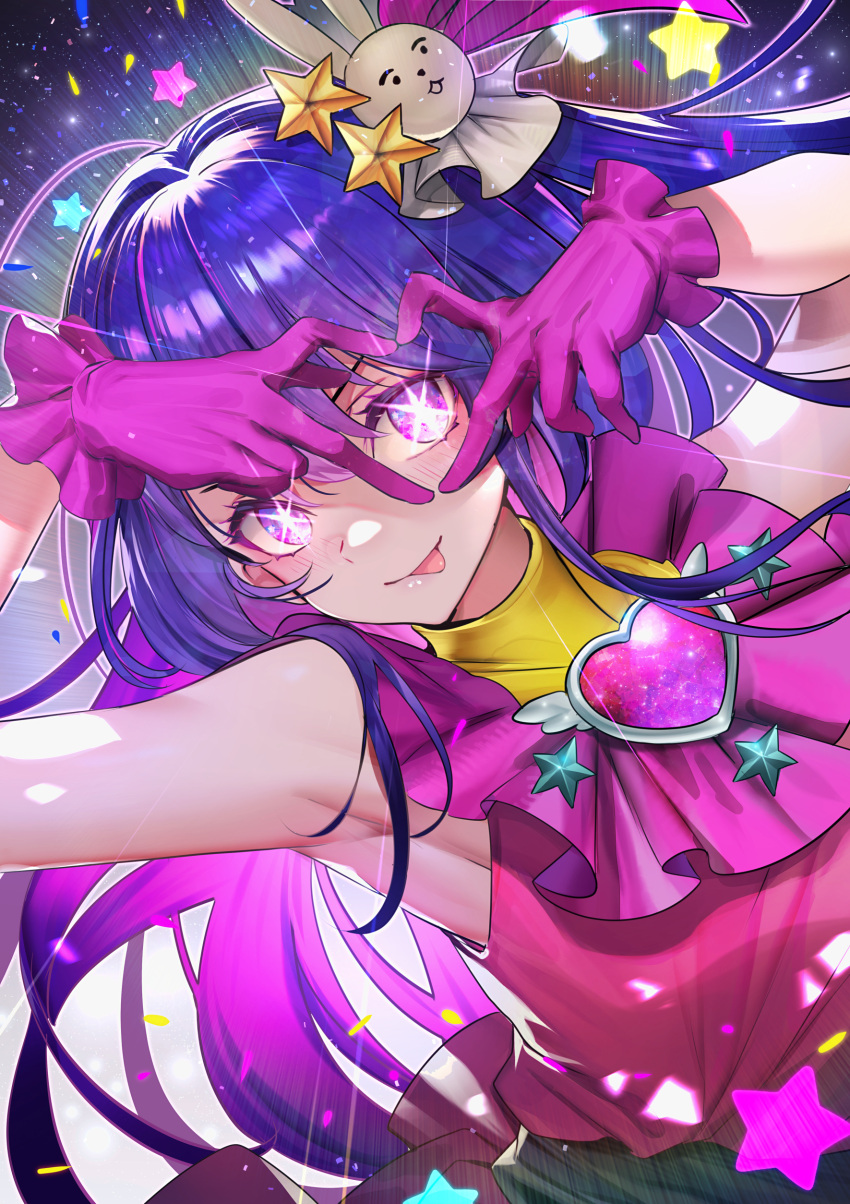 1girl absurdres armpits belt black_belt blush brooch commentary dress frilled_gloves frills gloves hair_between_eyes hair_ornament heart heart_brooch heart_hands heart_hands_over_eye highres hoshino_ai_(oshi_no_ko) idol idol_clothes jewelry lens_flare long_hair looking_at_viewer one_side_up oshi_no_ko outline pink_dress pink_gloves purple_hair rabbit_hair_ornament sidelocks sleeveless sleeveless_dress smile solo sparkling_eyes star-shaped_pupils star_(symbol) star_hair_ornament symbol-shaped_pupils teddy_(khanshin) tongue tongue_out turtleneck_dress upper_body violet_eyes white_outline