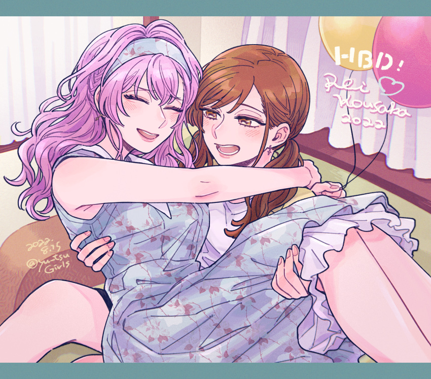 2girls :d asahina_yui balloon blue_headband carrying closed_eyes couch curtains dated earrings feet_out_of_frame happy_birthday headband highres indoors jewelry kousaka_rei la_corda_d'oro_starlight_orchestra long_hair multiple_girls peggy_(pixiv9540913) princess_carry purple_hair shirt sitting smile twintails white_shirt yuri