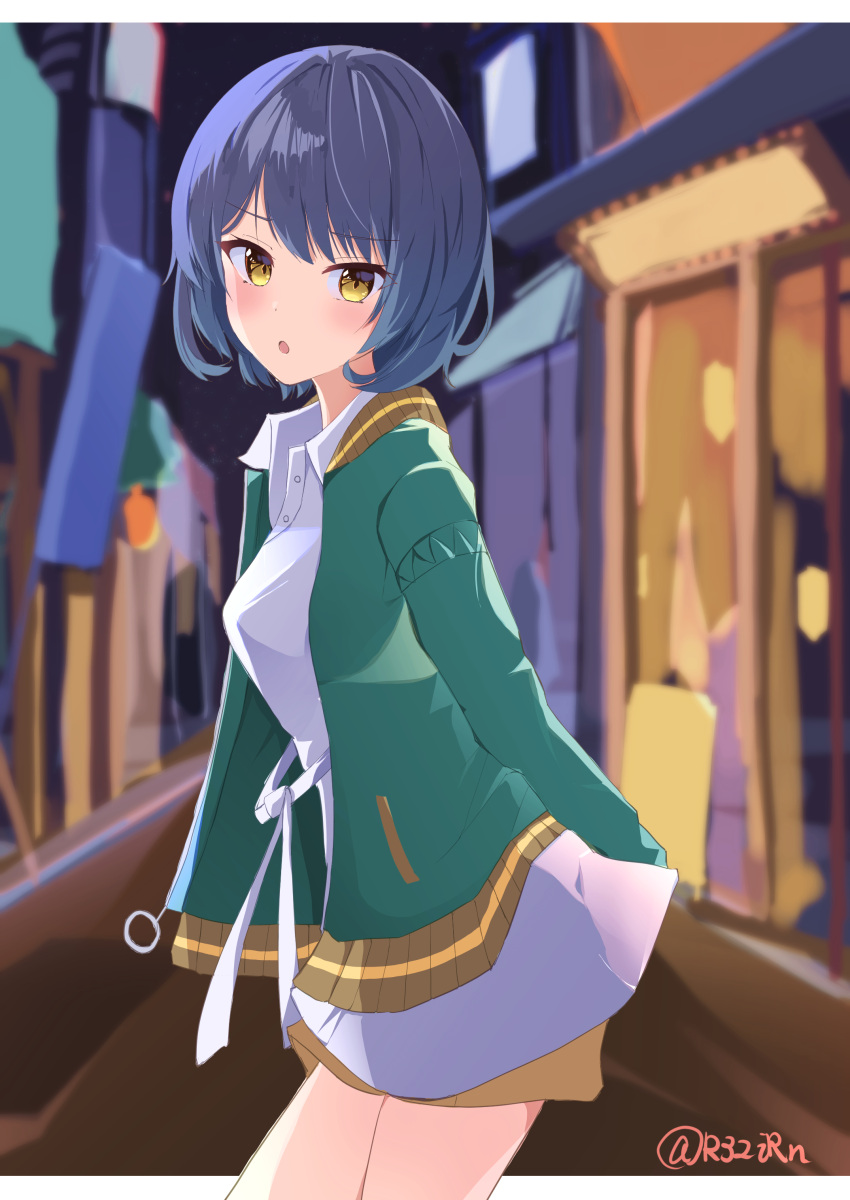 1girl :o absurdres arms_behind_back blue_hair blush bob_cut breasts collared_jacket collared_shirt dot_nose from_side gradient_hair green_jacket highres idoly_pride igawa_aoi jacket legs_together letterboxed looking_at_viewer medium_breasts multicolored_hair open_clothes open_jacket open_mouth raised_eyebrows rj_edward_(artist) shirt short_hair skirt solo thighs watermark white_shirt white_skirt yellow_eyes