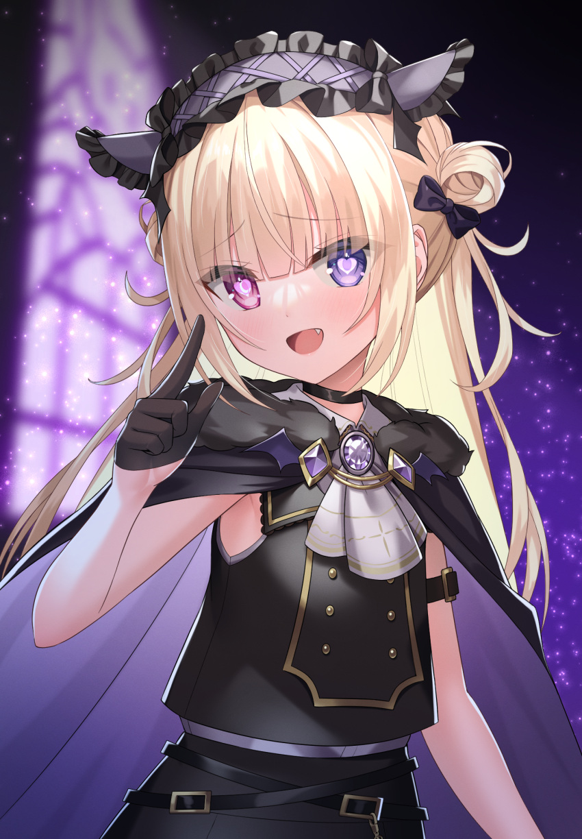 1girl arm_belt bettle_(b_s_a_n) black_bow black_cape black_gloves black_shirt blonde_hair bow cape fang gem gloves heart heart-shaped_pupils heterochromia highres long_hair open_mouth pink_eyes re:act shirt solo symbol-shaped_pupils tsukushi_aria violet_eyes virtual_youtuber window