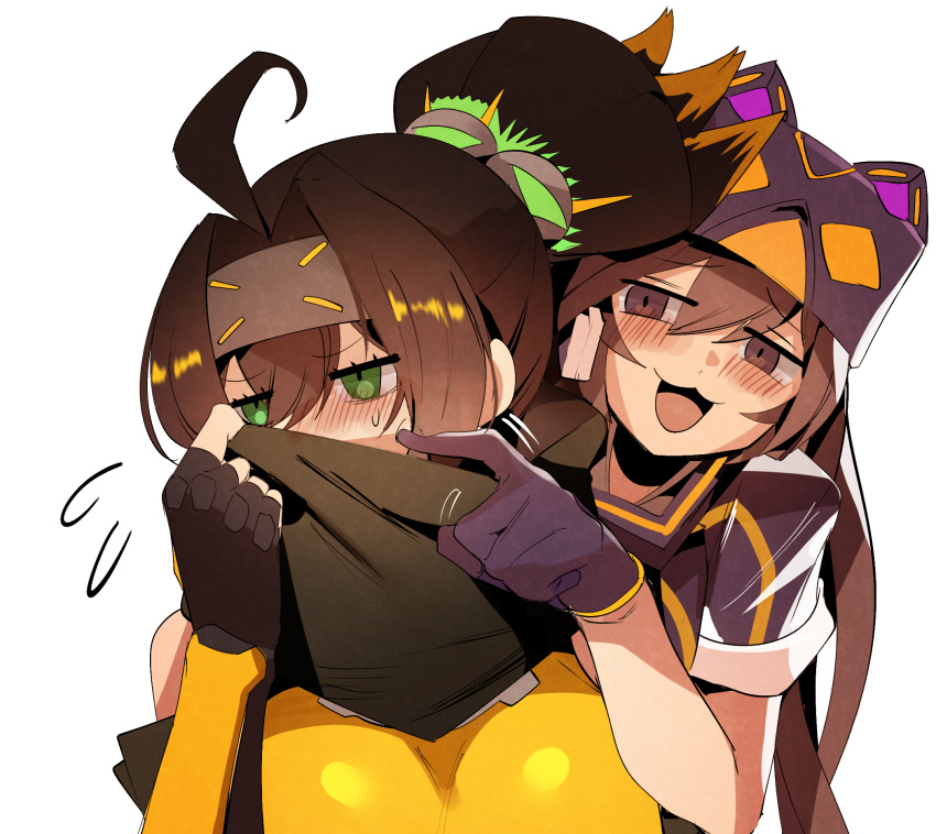 2girls :3 ahoge blush brown_eyes brown_hair covering_face duel_monster fingerless_gloves forehead_protector gloves green_eyes hand_up hat high_ponytail highres i:p_masquerena long_hair multiple_girls open_mouth pointing ponytail ro_g_(oowack) s-force_rappa_chiyomaru s:p_little_night scarf scarf_over_mouth short_sleeves simple_background smile violet_eyes white_background yu-gi-oh!