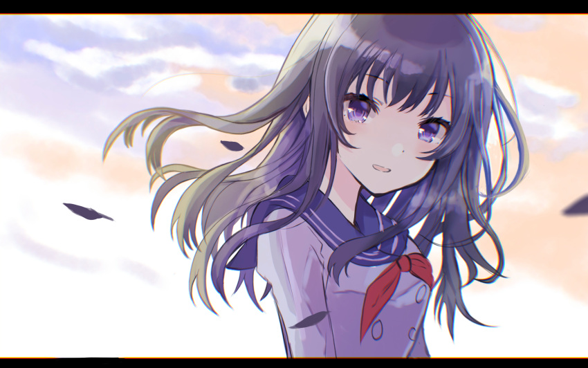 1girl :d arms_at_sides black_hair blue_sailor_collar blurry blurry_background blush buttons clouds dot_nose double-breasted evening falling_feathers floating_hair highres idoly_pride long_sleeves nagase_kotono neckerchief open_mouth outdoors red_neckerchief sailor_collar sakaki_ip shirt smile solo upper_body violet_eyes white_shirt